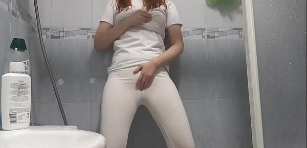  White shirt and tights shower with a redhead!